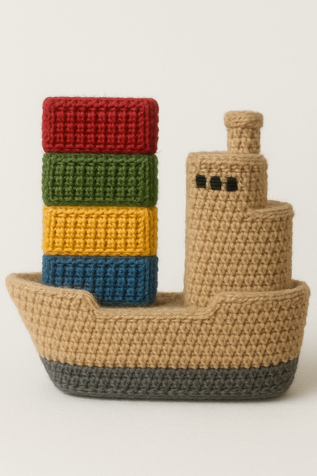 Crocheted toy ship with colorful stacked blocks on a white background