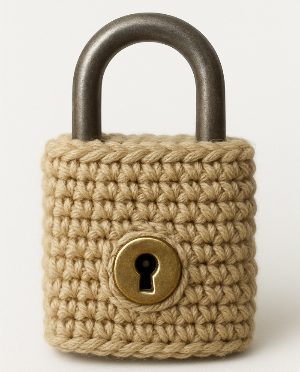 Crotchet Lock with beige woven body and brass keyhole on a white background