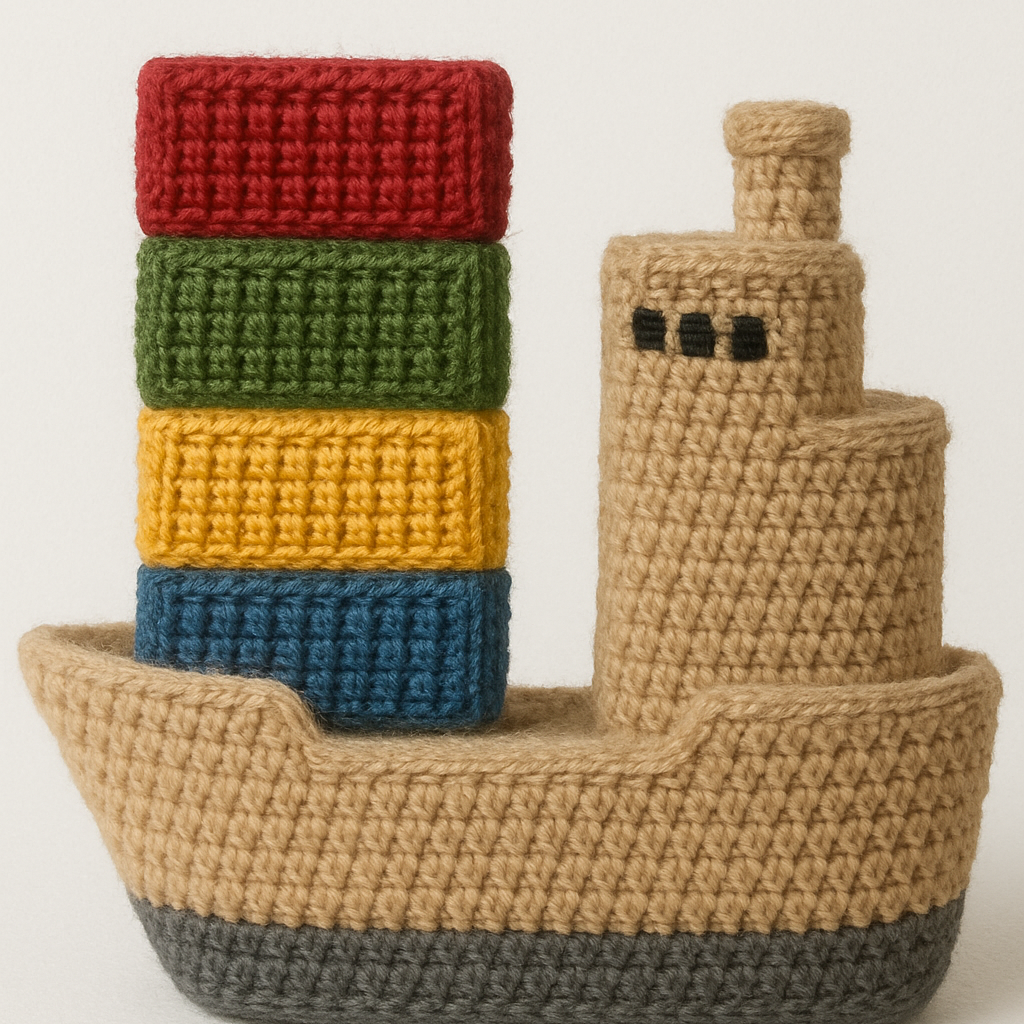 Crocheted toy ship with colorful stacked blocks on a white background