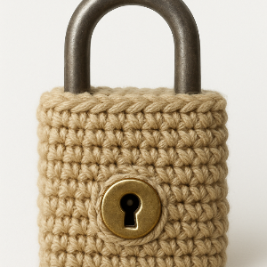 Crotchet Lock with beige woven body and brass keyhole on a white background