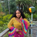 veekee james wearing hookedbylade crochet outfit in yellow and rainbow mix maxi close up view